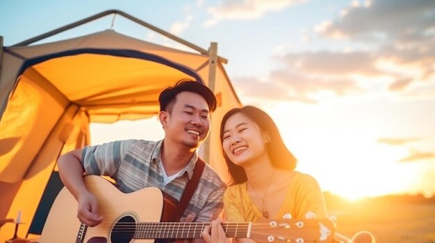 a man and a woman playing guitar in front of a tent