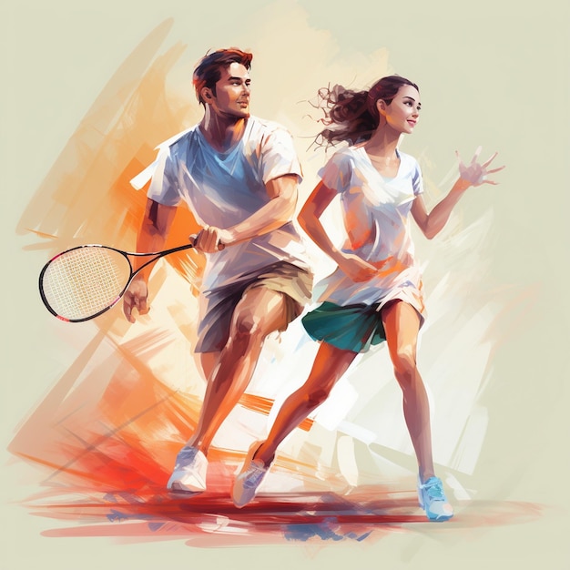 a man and a woman playing tennis with a woman holding a racquet.