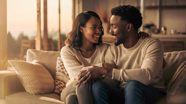 Man and woman portrait smiling to each other on the sofa