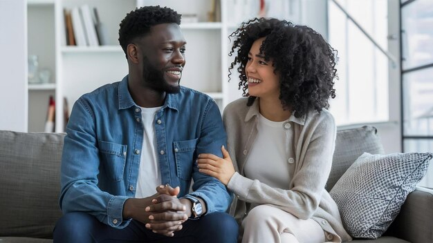 Man and woman portrait smiling to each other on the sofa