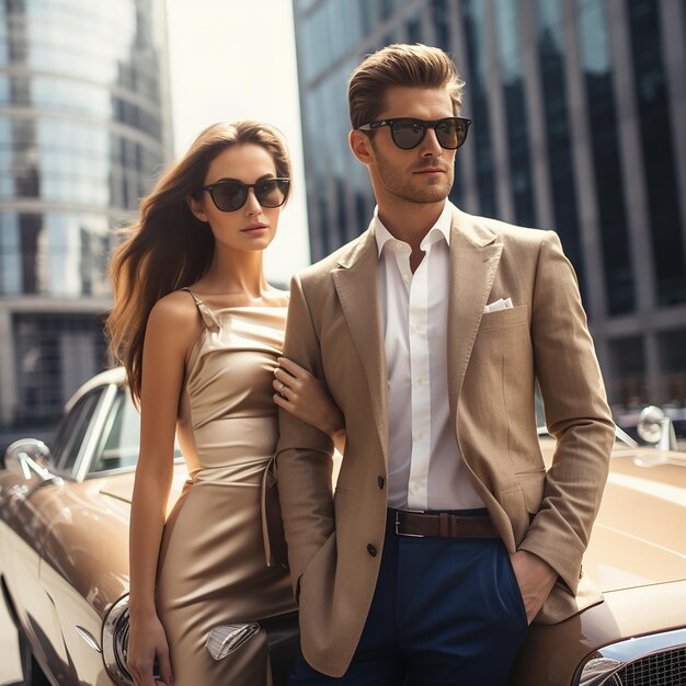 a man and woman pose in front of a car with the word love on it