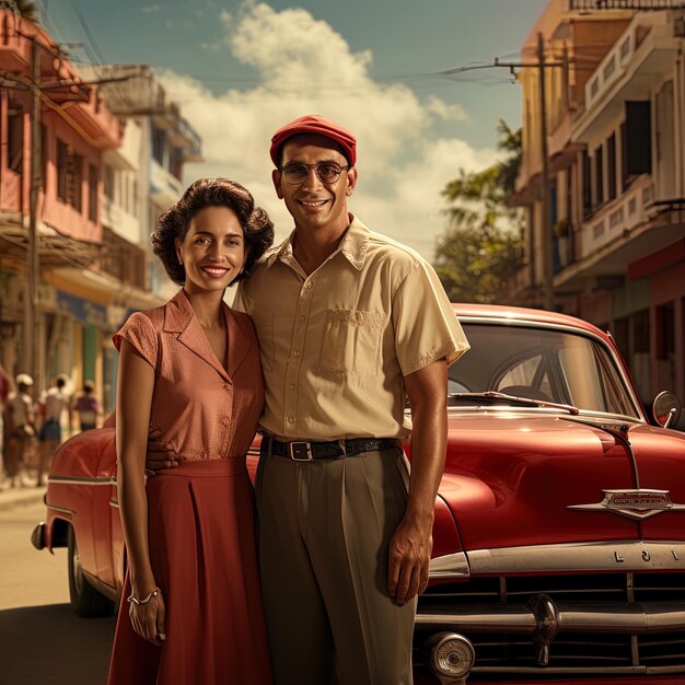 Photo a man and woman pose in front of a vintage car