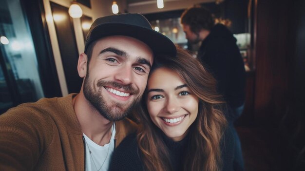 Photo a man and a woman pose for a photo in a bar