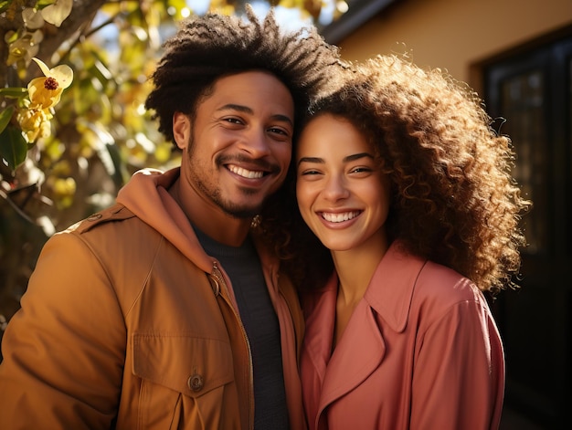 a man and woman pose for a photo in front of a house