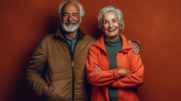 A man and a woman pose for a photo in front of a red background.