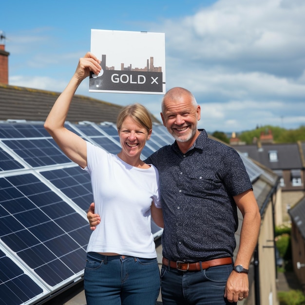 a man and woman pose for a photo with solar panels on the roof.