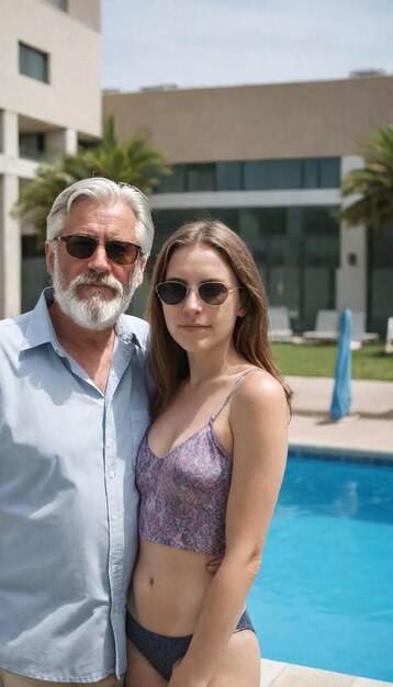a man and a woman pose for a picture by a pool