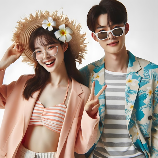 a man and a woman pose for a picture with a straw hat that says  peace