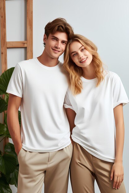 Photo a man and woman posing for a photo in their white tee