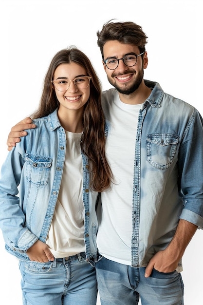a man and woman posing for a photo with a woman wearing a denim jacket