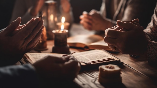 A man and woman praying at a table with a candle in the background