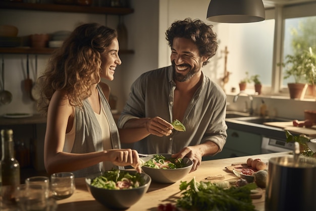 Photo man and woman prepare food