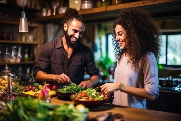 a man and woman preparing a salad in a kitchen