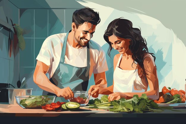 Photo man and woman preparing vegetables