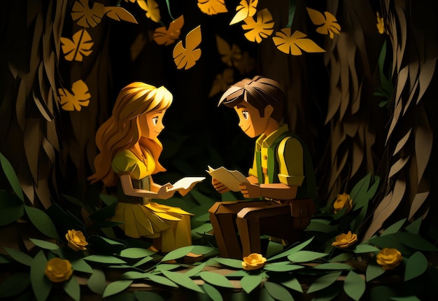 Foto uomo e donna che leggono un libro nella foresta.