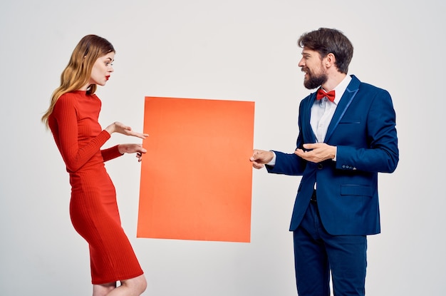 Man and woman red mockup poster advertising sale coffee\
space