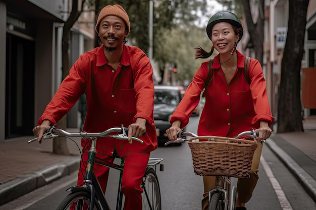 A man and a woman riding bikes down the street Generative Ai