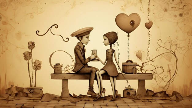 Man and woman romantic scene in valentine day cartoon style