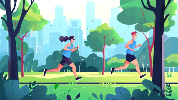 Photo a man and a woman run through a park in a city setting