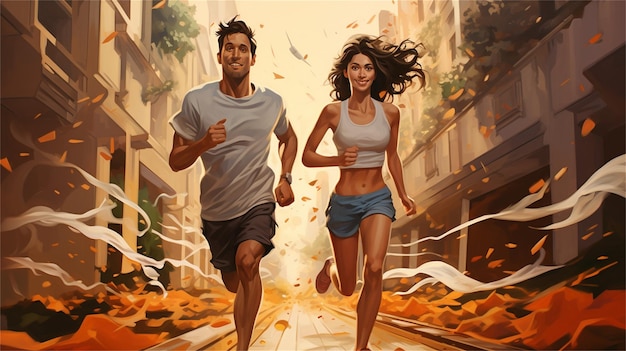 A man and a woman running in a city street.