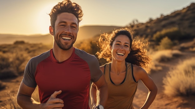 A man and a woman running happily side by side in nature