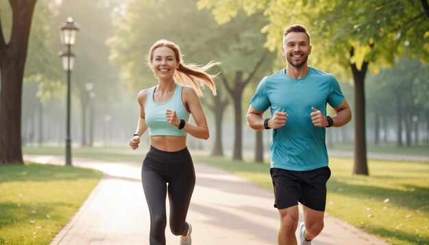 a man and woman running in a park with trees in the background