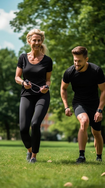 a man and a woman running in a park