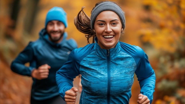 Man and Woman Running in Woods