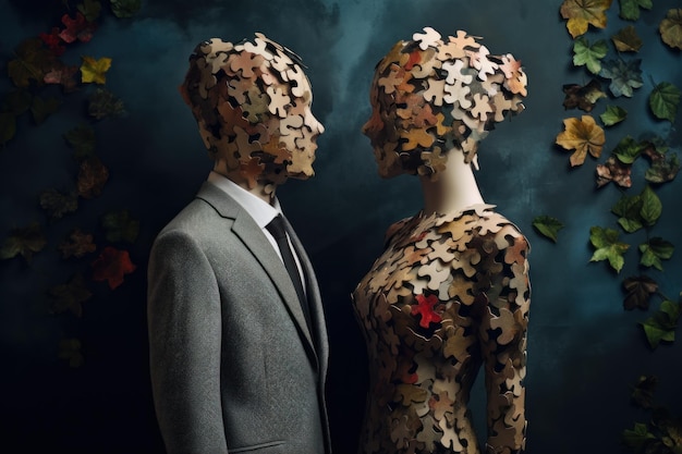 a man and woman shaped as puzzle pieces