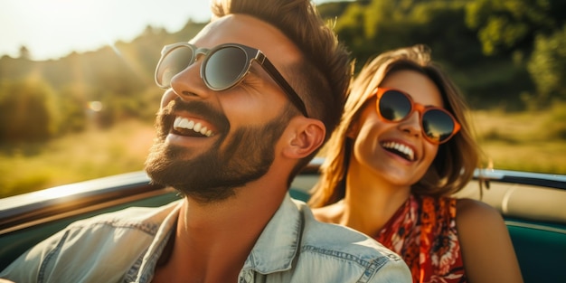 A man and woman share a cheerful moment in a convertible on a sunny day