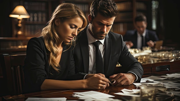 Foto un uomo e una donna che firmano un contratto in una biblioteca.