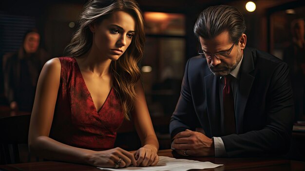 Photo a man and woman signing a contract with a man in a suit and tie.