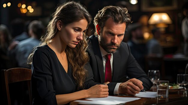 A man and woman signing a document in front of a man in a suit