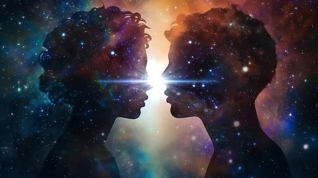 man and woman silhouette on front starry sky cosmic nebula universe background concept