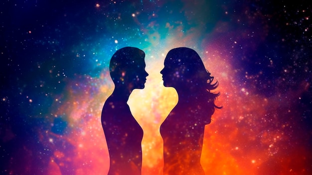 Man and woman silhouettes at abstract cosmic background Human souls couple in love Astral body esoteric and spiritual life concept Generative AI