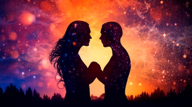 Мужчина и женщина силуэты на абстрактном космическом фоне Человеческие души влюбленные пары Астральное тело эзотерическая и духовная концепция жизни Генеративный ИИ