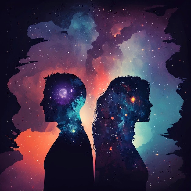 Photo man and woman silhouettes at abstract cosmic background