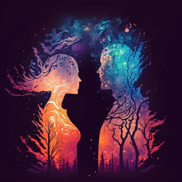 Photo man and woman silhouettes at abstract cosmic background