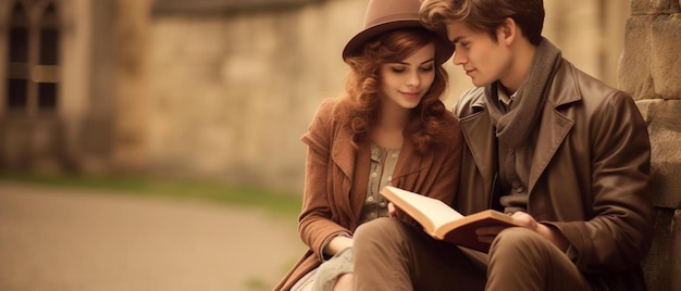 a man and woman sit on a bench and read a book