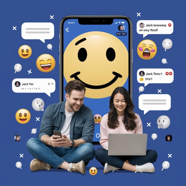 Photo a man and woman sit on a bench with a yellow smiley face on their phone