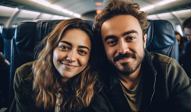 A man and a woman sit on a bus with the words'travel'on the front