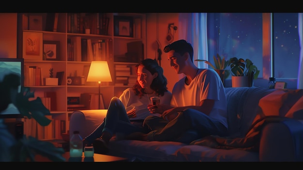 Photo a man and a woman sit on a couch in a dark room