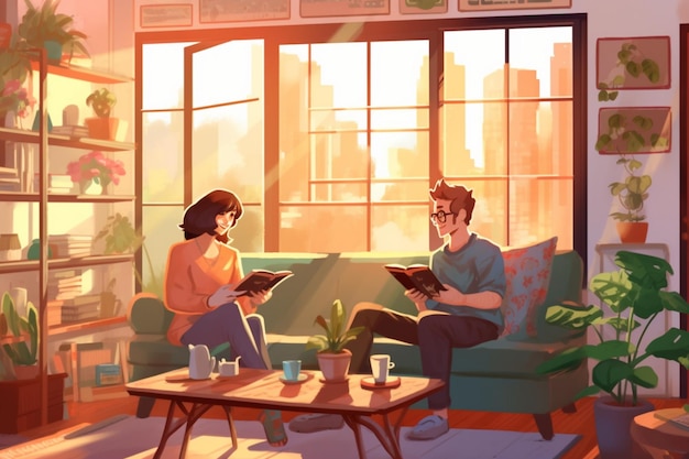 A man and woman sit on a couch reading books.