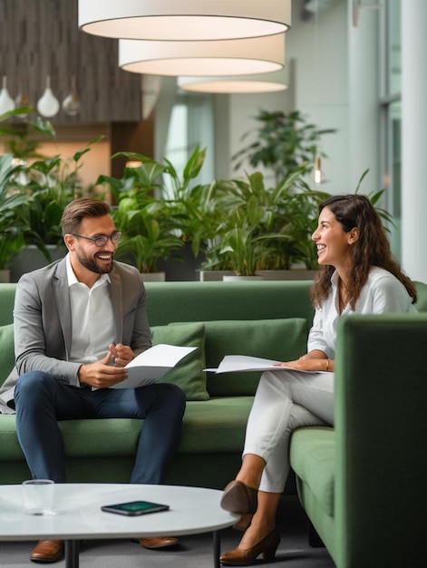 a man and woman sit on a couch with a book in front of them