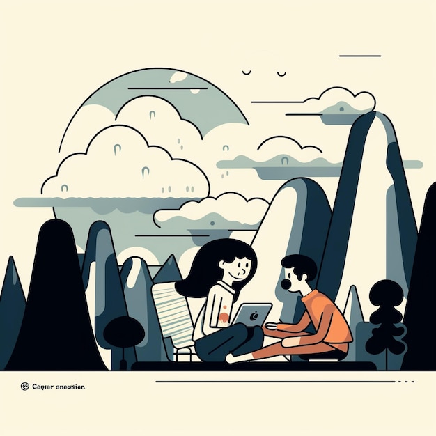 a man and a woman sit in front of a mountain with a sky background