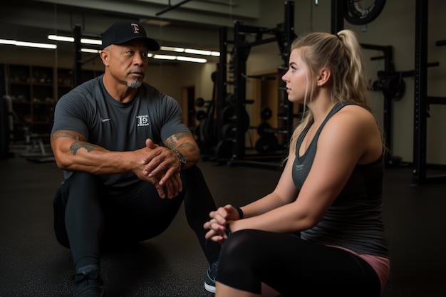 Photo a man and woman sit in a gym, talking, with the letter t on the front of the shirt.