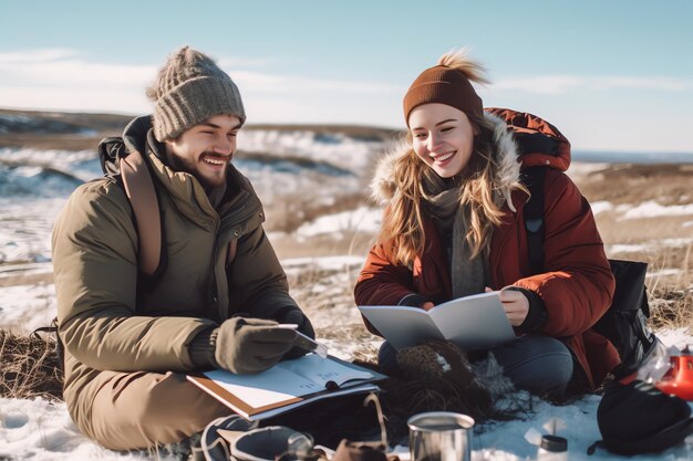 A man and a woman sit on the snow and look at a map.