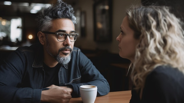 A man and a woman sit at a table in a cafe, talking to each other.