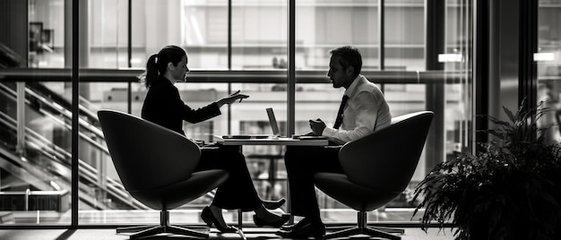 Photo a man and a woman sit at a table in a cafe