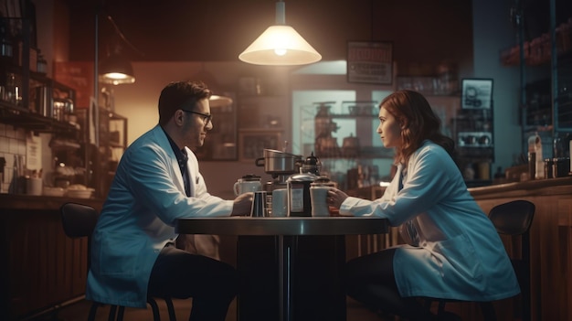 A man and a woman sit at a table in a restaurant, one of them is wearing a lab coat.